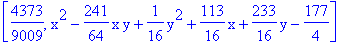 [4373/9009, x^2-241/64*x*y+1/16*y^2+113/16*x+233/16*y-177/4]